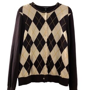Lands End argyle sweater, large petite.  Navy Blue with cream and gold .